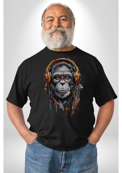 Kulaklık Maymun Müzik Dinliyor Kadın Erkek Unisex Siyah Organik Baskılı T-Shirt Penye Yüksek Kalite fırsatları