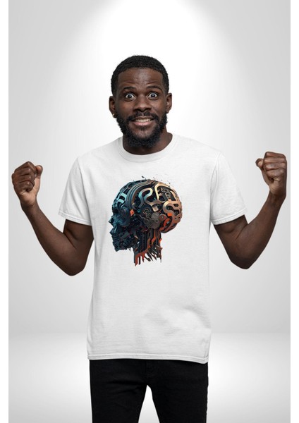 Robot Kafası Kız Kadın Erkek Unisex Beyaz Organik Baskılı T-Shirt Penye Yüksek Kalite modelleri