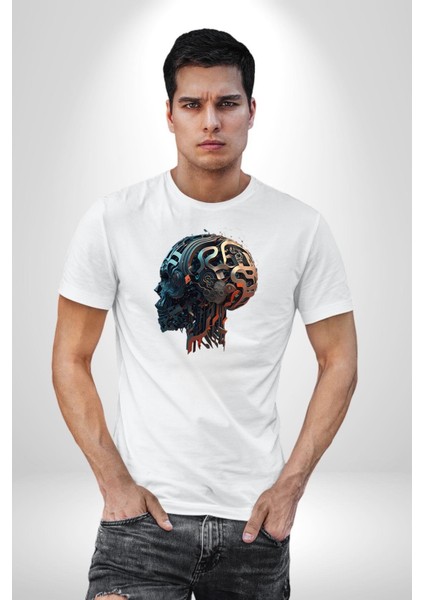 Robot Kafası Kız Kadın Erkek Unisex Beyaz Organik Baskılı T-Shirt Penye Yüksek Kalite indirimleri