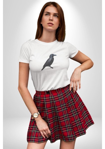 Siyah Karga Kadın Erkek Unisex Beyaz Organik Baskılı T-Shirt Penye Yüksek Kalite