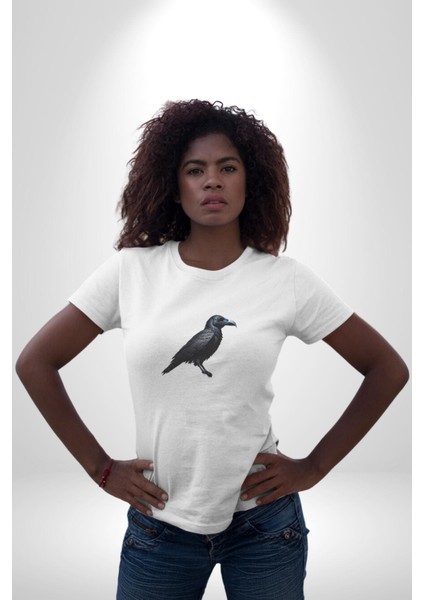 Siyah Karga Kadın Erkek Unisex Beyaz Organik Baskılı T-Shirt Penye Yüksek Kalite