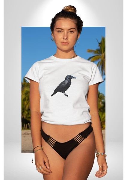 Siyah Karga Kadın Erkek Unisex Beyaz Organik Baskılı T-Shirt Penye Yüksek Kalite