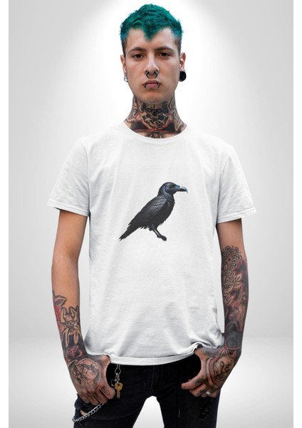 Siyah Karga Kadın Erkek Unisex Beyaz Organik Baskılı T-Shirt Penye Yüksek Kalite