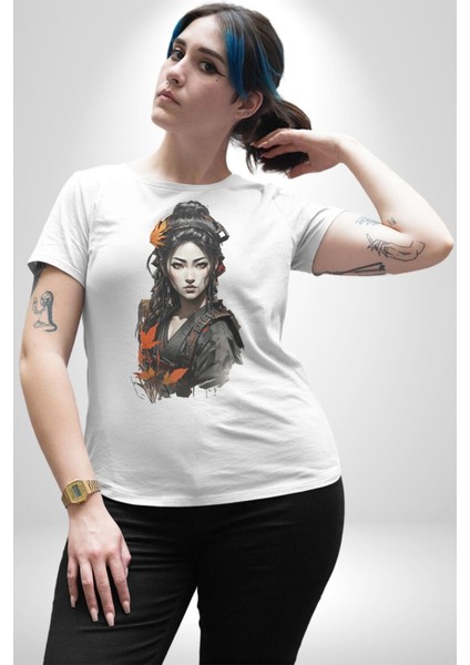 Japon Asyalı Samuray Kadın Kadın Erkek Unisex Beyaz Organik Baskılı T-Shirt Penye Yüksek Kalite