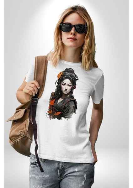Japon Asyalı Samuray Kadın Kadın Erkek Unisex Beyaz Organik Baskılı T-Shirt Penye Yüksek Kalite modelleri