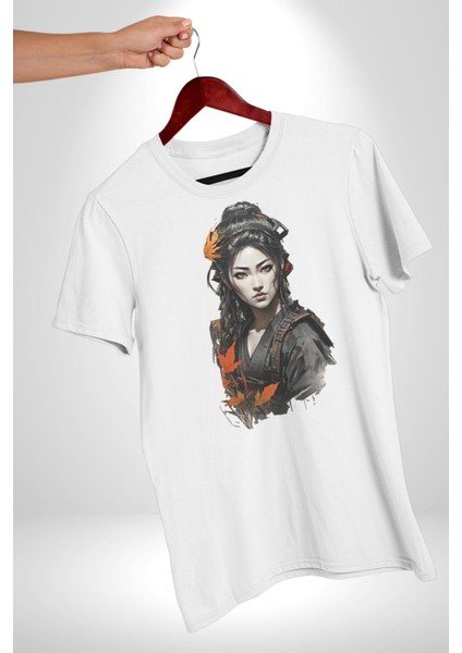 Japon Asyalı Samuray Kadın Kadın Erkek Unisex Beyaz Organik Baskılı T-Shirt Penye Yüksek Kalite fırsatları