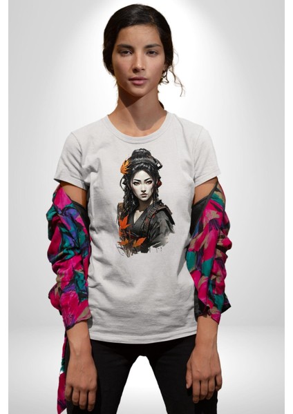 Japon Asyalı Samuray Kadın Kadın Erkek Unisex Beyaz Organik Baskılı T-Shirt Penye Yüksek Kalite indirimleri