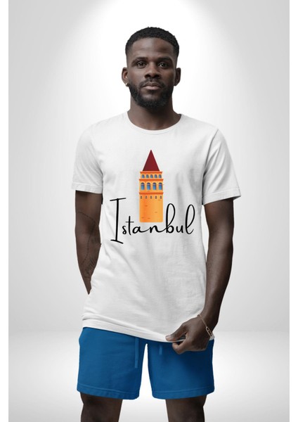 Istanbul Galata Kulesi Kadın Erkek Unisex Beyaz Organik Baskılı T-Shirt Penye Yüksek Kalite fırsatları
