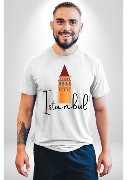 Istanbul Galata Kulesi Kadın Erkek Unisex Beyaz Organik Baskılı T-Shirt Penye Yüksek Kalite indirimleri