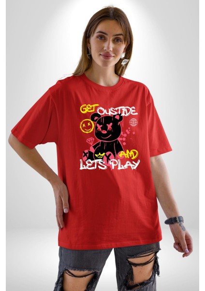 Dışarı Çık ve Oynayalım Teddy Pamuklu Bisiklet Yaka Kadın Erkek Oversize Boyfriend Dijital Baskılı Kırmızı T-Shirt fiyatları