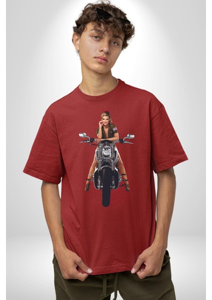 Motosiklet Kadın Pamuklu Bisiklet Yaka Kadın Erkek Oversize Boyfriend Dijital Baskılı Kırmızı T-Shirt