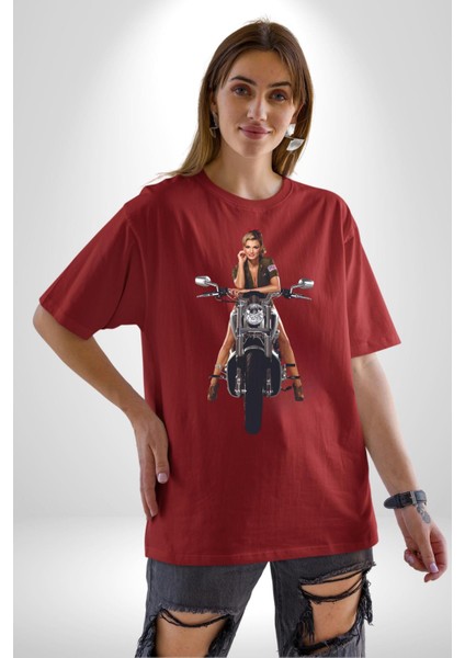 Motosiklet Kadın Pamuklu Bisiklet Yaka Kadın Erkek Oversize Boyfriend Dijital Baskılı Kırmızı T-Shirt fiyatları