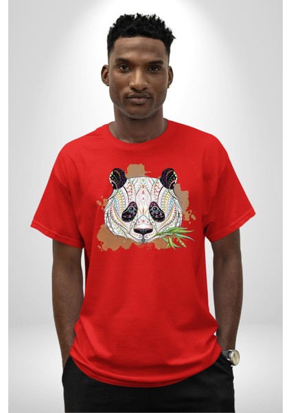 Panda Mandala Pamuklu Bisiklet Yaka Kadın Erkek Oversize Boyfriend Dijital Baskılı Kırmızı T-Shirt