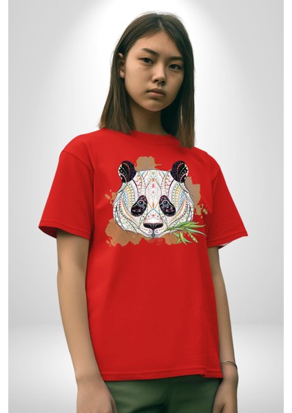 Panda Mandala Pamuklu Bisiklet Yaka Kadın Erkek Oversize Boyfriend Dijital Baskılı Kırmızı T-Shirt