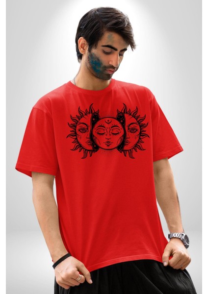Ay ve Güneş Retro Pamuklu Bisiklet Yaka Kadın Erkek Oversize Boyfriend Dijital Baskılı Kırmızı T-Shirt indirimleri