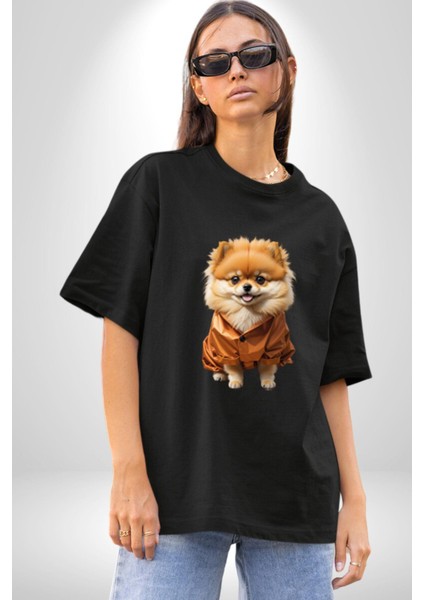 Teacup Pomernian Çeket Pamuklu Bisiklet Yaka Kadın Erkek Oversize Boyfriend Dijital Baskılı Siyah T-Shirt