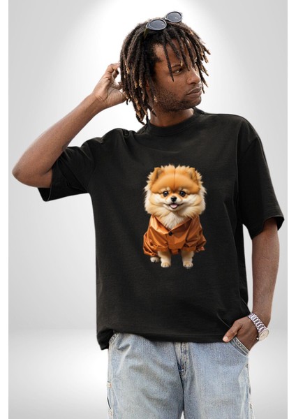 Teacup Pomernian Çeket Pamuklu Bisiklet Yaka Kadın Erkek Oversize Boyfriend Dijital Baskılı Siyah T-Shirt