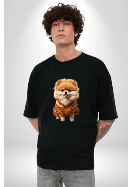 Teacup Pomernian Çeket Pamuklu Bisiklet Yaka Kadın Erkek Oversize Boyfriend Dijital Baskılı Siyah T-Shirt