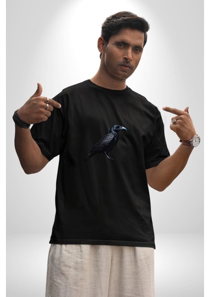 Siyah Karga Pamuklu Bisiklet Yaka Kadın Erkek Oversize Boyfriend Dijital Baskılı Siyah T-Shirt