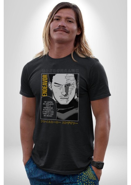 Enji Todoroki Manga Kadın Erkek Unisex Siyah Organik Baskılı T-Shirt Penye Yüksek Kalite