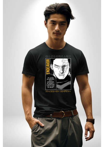 Enji Todoroki Manga Kadın Erkek Unisex Siyah Organik Baskılı T-Shirt Penye Yüksek Kalite indirimleri