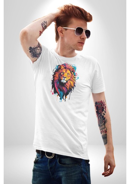 Renkli Yağlı Boya Aslan Kadın Erkek Unisex Beyaz Organik Baskılı T-Shirt Penye Yüksek Kalite
