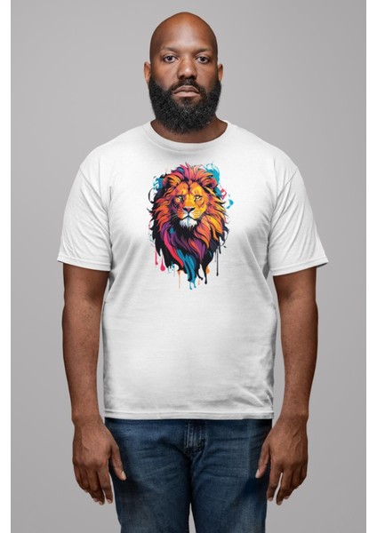 Renkli Yağlı Boya Aslan Kadın Erkek Unisex Beyaz Organik Baskılı T-Shirt Penye Yüksek Kalite modelleri