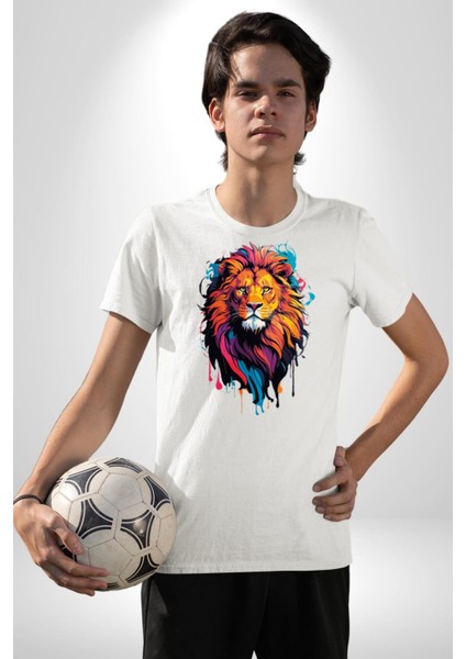 Renkli Yağlı Boya Aslan Kadın Erkek Unisex Beyaz Organik Baskılı T-Shirt Penye Yüksek Kalite fırsatları