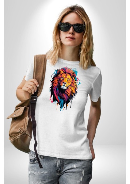 Renkli Yağlı Boya Aslan Kadın Erkek Unisex Beyaz Organik Baskılı T-Shirt Penye Yüksek Kalite indirimleri