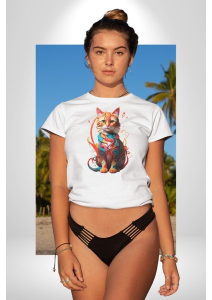 Renkli Yağlı Boya Kedi Kadın Erkek Unisex Beyaz Organik Baskılı T-Shirt Penye Yüksek Kalite