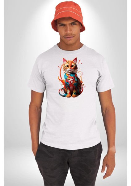 Renkli Yağlı Boya Kedi Kadın Erkek Unisex Beyaz Organik Baskılı T-Shirt Penye Yüksek Kalite fiyatları