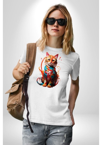 Renkli Yağlı Boya Kedi Kadın Erkek Unisex Beyaz Organik Baskılı T-Shirt Penye Yüksek Kalite modelleri