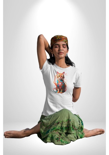 Renkli Yağlı Boya Kedi Kadın Erkek Unisex Beyaz Organik Baskılı T-Shirt Penye Yüksek Kalite indirimleri