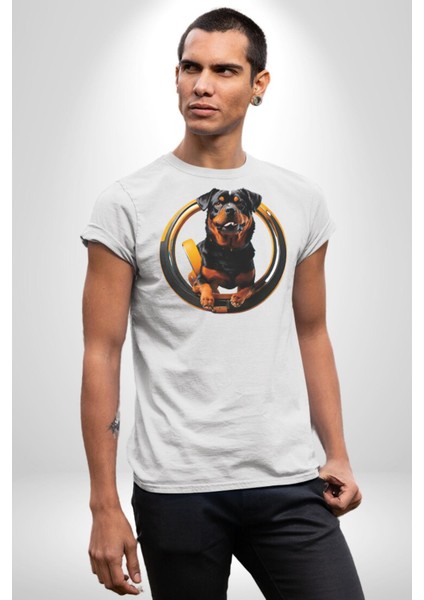 Süper Tasma Rottweiler Eğitim Kadın Erkek Unisex Beyaz Organik Baskılı T-Shirt Penye Yüksek Kalite