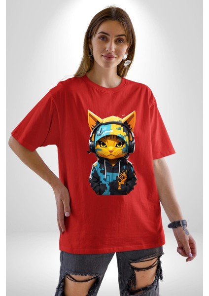 Bandana Kedi Kulaklık Çeket Pamuklu Bisiklet Yaka Kadın Erkek Oversize Boyfriend Dijital Baskılı Kırmızı T-Shirt