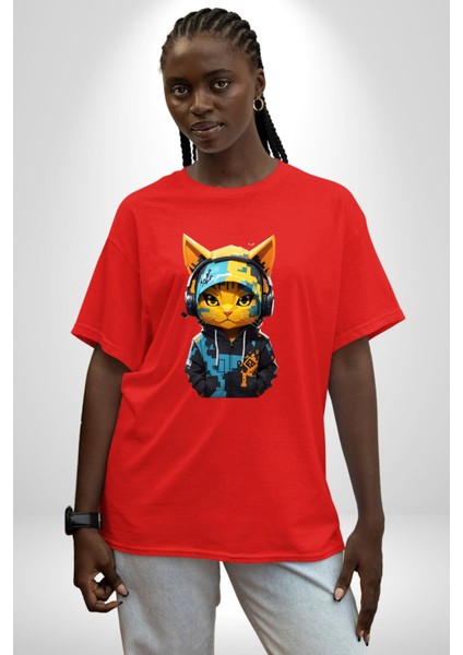 Bandana Kedi Kulaklık Çeket Pamuklu Bisiklet Yaka Kadın Erkek Oversize Boyfriend Dijital Baskılı Kırmızı T-Shirt fiyatları