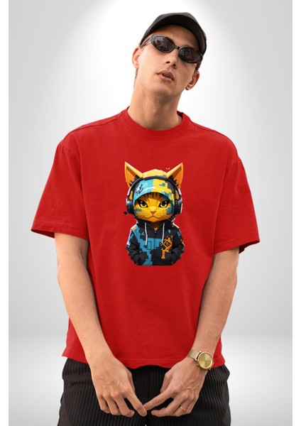 Bandana Kedi Kulaklık Çeket Pamuklu Bisiklet Yaka Kadın Erkek Oversize Boyfriend Dijital Baskılı Kırmızı T-Shirt modelleri