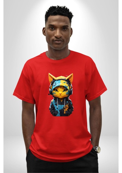 Bandana Kedi Kulaklık Çeket Pamuklu Bisiklet Yaka Kadın Erkek Oversize Boyfriend Dijital Baskılı Kırmızı T-Shirt fırsatları