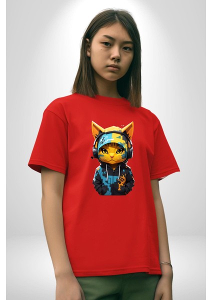 Bandana Kedi Kulaklık Çeket Pamuklu Bisiklet Yaka Kadın Erkek Oversize Boyfriend Dijital Baskılı Kırmızı T-Shirt indirimleri