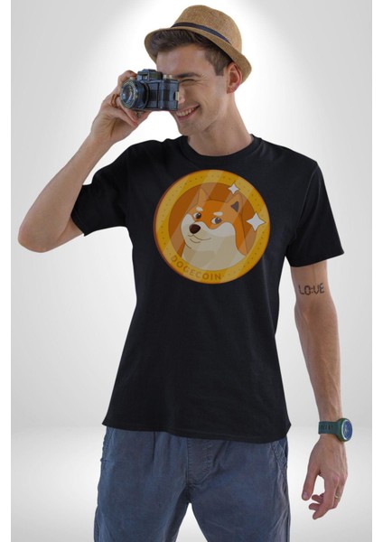 Doge Coin Kadın Erkek Unisex Siyah Organik Baskılı T-Shirt Penye Yüksek Kalite