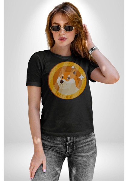 Doge Coin Kadın Erkek Unisex Siyah Organik Baskılı T-Shirt Penye Yüksek Kalite modelleri