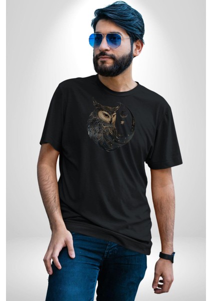Ay Yıldız Bakır Renk Baykuş Kadın Erkek Unisex Siyah Organik Baskılı T-Shirt Penye Yüksek Kalite