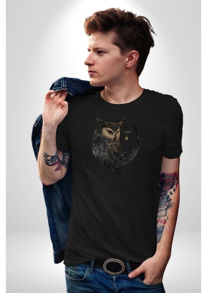 Ay Yıldız Bakır Renk Baykuş Kadın Erkek Unisex Siyah Organik Baskılı T-Shirt Penye Yüksek Kalite fiyatları