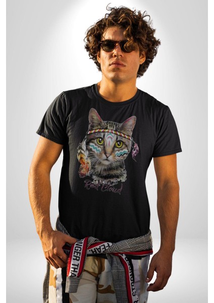 Red Cloud Kedi Hintli Kadın Erkek Unisex Siyah Organik Baskılı T-Shirt Penye Yüksek Kalite modelleri