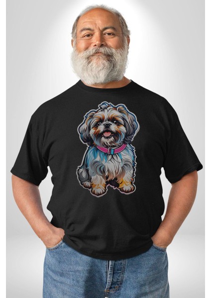 Shih Tzu Renkli Köpek Kadın Erkek Unisex Siyah Organik Baskılı T-Shirt Penye Yüksek Kalite fiyatları