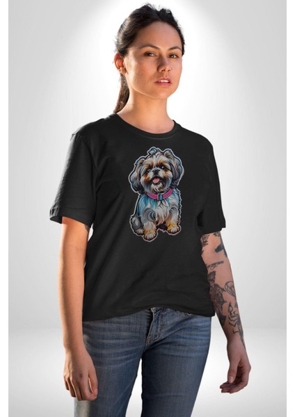 Shih Tzu Renkli Köpek Kadın Erkek Unisex Siyah Organik Baskılı T-Shirt Penye Yüksek Kalite fırsatları