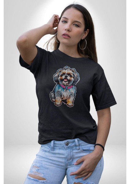 Shih Tzu Renkli Köpek Kadın Erkek Unisex Siyah Organik Baskılı T-Shirt Penye Yüksek Kalite indirimleri