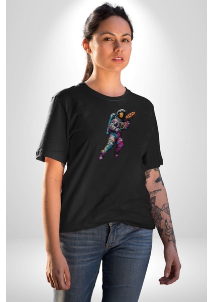 Pizza Servisi Uzay Kurye Kadın Erkek Unisex Siyah Organik Baskılı T-Shirt Penye Yüksek Kalite