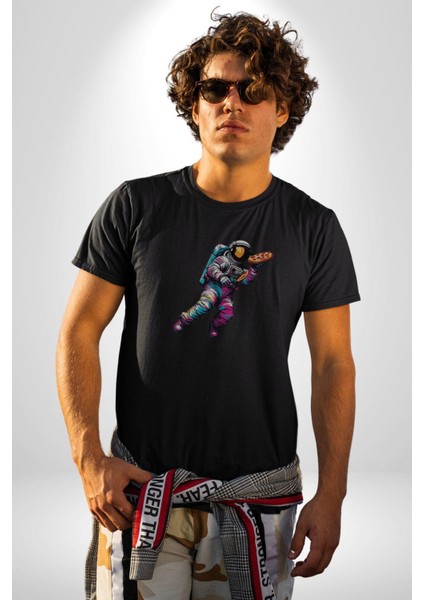 Pizza Servisi Uzay Kurye Kadın Erkek Unisex Siyah Organik Baskılı T-Shirt Penye Yüksek Kalite modelleri