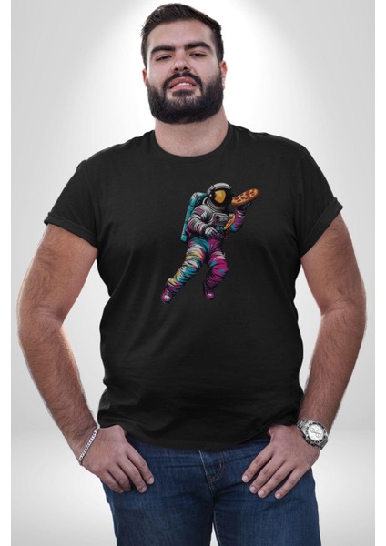 Pizza Servisi Uzay Kurye Kadın Erkek Unisex Siyah Organik Baskılı T-Shirt Penye Yüksek Kalite indirimleri